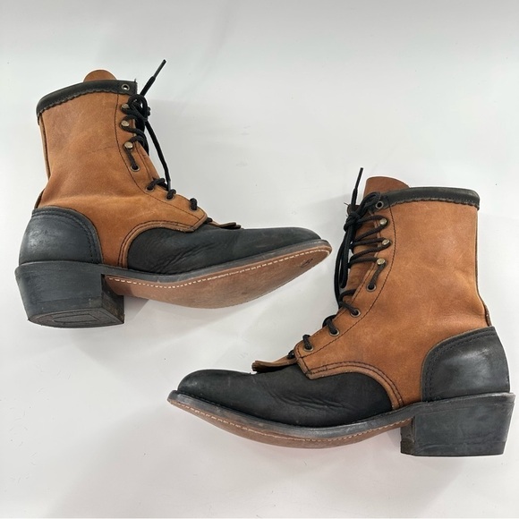 Abilene cowboy boots 6.5 brown black leather western kiltie lace up Prairie Y2k - Picture 6 of 14